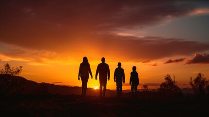 Family Silhouette Against a Dramatic Sunset: Ideal Background for Family-themed Designs and Heartfelt Moments.  Generative AI