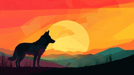  Wolf Silhouette Against a Dramatic Sunset: Ideal Background for Wildlife-themed Designs and Striking Imagery. Generative AI