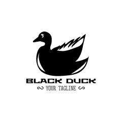 Black and white minimalistic duck logo with text on white background