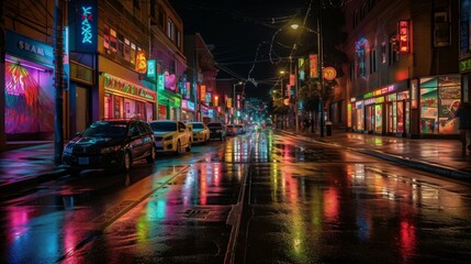 Cityscape Adventure,  Embrace Vibrant Night Lights and Energetic Colors, Walking Together in Urban Love on a Vibrant Street. Generative AI