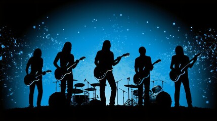 Celestial Rockstar Nigh, Gradient Canvas with Shooting Stars Sets Stage for Silhouetted Band. High-Res Artwork Craftsmanship. Generative AI