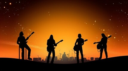 Celestial Rockstar Nigh, Gradient Canvas with Shooting Stars Sets Stage for Silhouetted Band. High-Res Artwork Craftsmanship. Generative AI