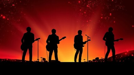 Celestial Rockstar Nigh, Gradient Canvas with Shooting Stars Sets Stage for Silhouetted Band. High-Res Artwork Craftsmanship. Generative AI - obrazy, fototapety, plakaty
