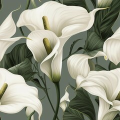 Organic Elegance of Realistic Half-Drop Seamless Pattern of White Calla Lilies with Soft Shading, Capturing Nature's Grace. Generative AI