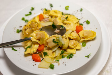 Italian tortellini (capeletti, agnolini) soup with chicken and vegetables, special soup for cold nights