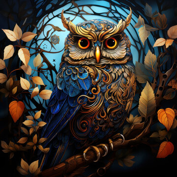 an owl resting on a tree branch during a full moon 
