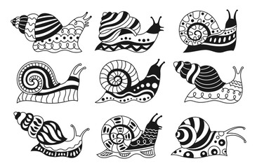 Snail with ornament doodle set. Abstract funny baby spiral linear mollusk. Comic snails slug kid trendy design for banner, flyer poster, postcard, advertising, invitation. Detailed graphic vector