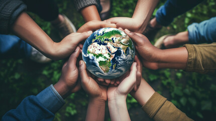 Group of young people holding a globe earth. Generative AI