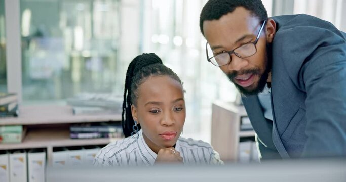 Computer, black woman and manager training or coaching employee and helping with project, work or collaboration in Nigeria. Mentor, corporate intern and talking about a question, error or pc learning