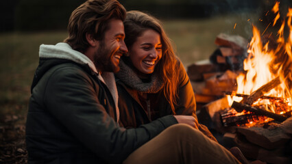 happy young couple camping in the fall