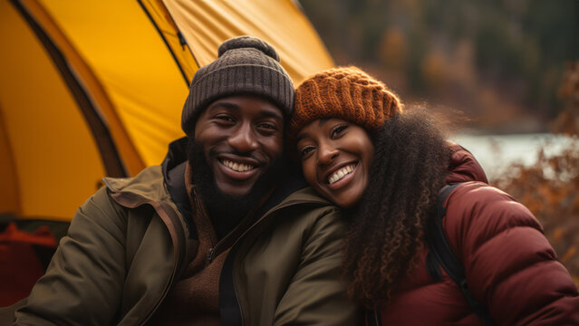 happy young couple camping in the fall