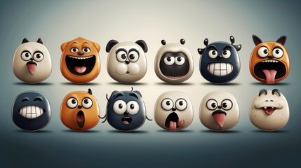 Set of animal faces, face emojis, stickers, emoticons,cartoon funny mascot characters face set