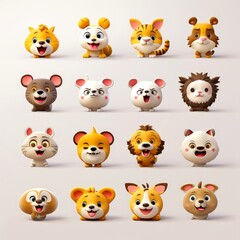 Fototapeta premium Set of animal faces, face emojis, stickers, emoticons,cartoon funny mascot characters face set