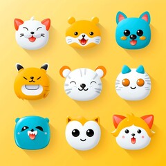 Set of animal faces, face emojis, stickers, emoticons,cartoon funny mascot characters face set