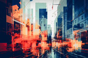 Abstract wallpaper of city skyscraper, vertical glitch.