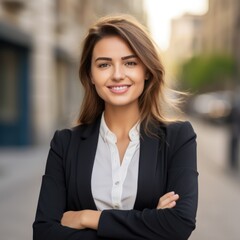 Fototapeta premium Young happy pretty smiling professional business woman, happy confident positive female entrepreneur standing outdoor on street arms crossed, looking at camera
