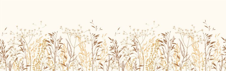 Vector illustration with wild and dry herbs. Panoramic horizontal seamless pattern. Autumn meadow. Ornament for wallpaper, card, border, banner or your other design. Natural beige tones. Engraving. - obrazy, fototapety, plakaty