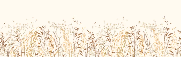 Foto op Canvas Vector illustration with wild and dry herbs. Panoramic horizontal seamless pattern. Autumn meadow. Ornament for wallpaper, card, border, banner or your other design. Natural beige tones. Engraving. © Anna