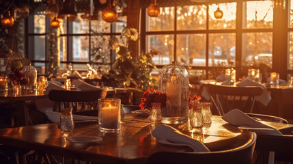 Fototapeta na wymiar The restaurant's interior during the golden hour