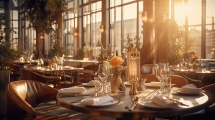 Fototapeta na wymiar The restaurant's interior during the golden hour