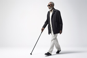 Blind black senior man with a cane walking