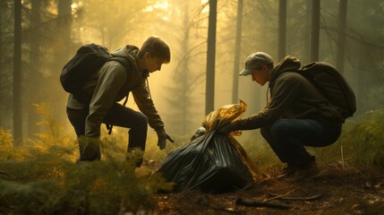 Young volunteers cleaning up forest together, collecting trash and holding garbage bags. Generative AI
