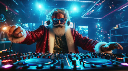 Obraz na płótnie Canvas Santa claus taking on the role of a DJ in a bustling club