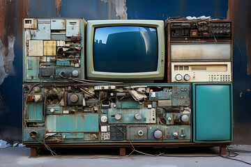Old TV set against the background of the wall of an old house