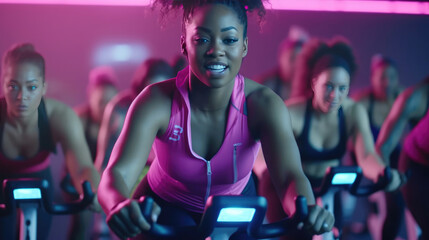 A group fitness classes, exercising on a spinning bike in the gym