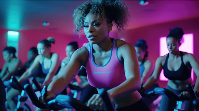 A group fitness classes, exercising on a spinning bike in the gym