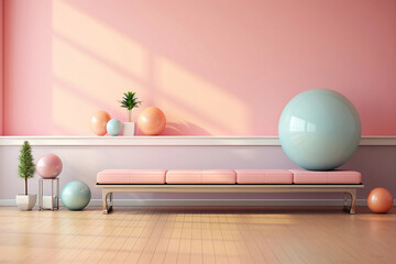 Interior of a living room with pink sofa and fitness ball. Space for yoga or meditation. - obrazy, fototapety, plakaty