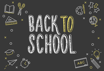 Fototapeta na wymiar Back to School background illustration with icon graphic elements and blackboard color