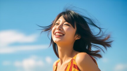 Naklejka premium 青空の中にいる子役・少女・アジア人女性（夏・空）