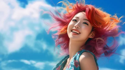 Fotobehang 青空の中にいる赤毛・赤髪・派手髪のファンキーなアジア人女性（夏・空） © buritora