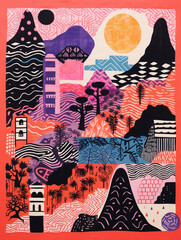 A Risograph Illustration of a Layered and Grainy Tapestry of Different Cultures