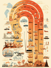 A Risograph Illustration of a Layered Timeline of Transportation Evolution
