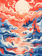 A Risograph Illustration of Abstracted Views of the Four Elements Earth, Water, Air, Fire