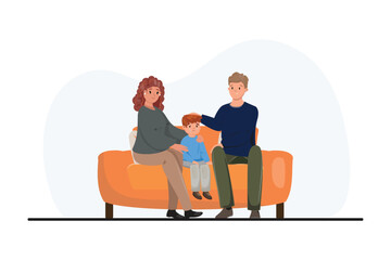Supporting parents sitting on the couch and talking to their sad crying son. Family support, childhood, parenting.