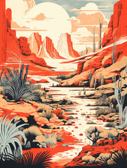 A Risograph Illustration of Layered Desert Mirages with Camouflaged Animals