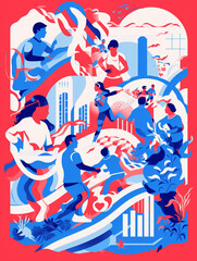 A Risograph Illustration of Layered Moments from a Historic Olympic Games