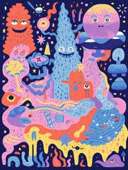 A Risograph Illustration of Whimsical Creatures in a Colorful, Grainy Dreamscape