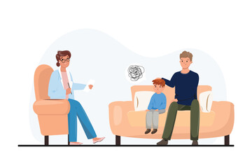 Sad boy with his father having a session with a psychologist and talking about the problems