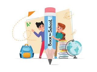 Illustration with a boy and girl behind a huge pencil with text Back to school