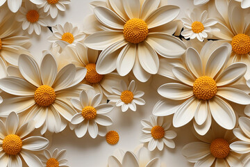 3D Seamless daisies flowers sublimation background, in white, and yellow colors. Modern textured background for print on demand. Generative AI.