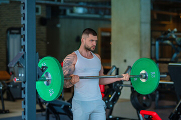 Fototapeta na wymiar Muscular man doing workout with dumbbells in gym. Handsome man with big muscles posing in the gym. Muscular sportsman lifting dumbbell. Stretching, fitness workout in sport club.