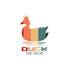 Colorful striped duck in a crown on the waves. Logo with text on white background