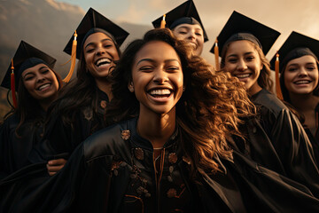 Obraz premium beautiful,olive skin, all ethnically different friends, a 12th grade senior in gradutation cap and gown.