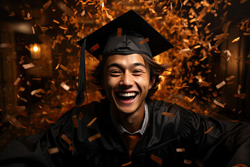 Obraz premium boy, beautiful olive skinned teenager, a 12th grade senior in gradutation cap and gown, throwing cap in air, long exposure, 16k, high resolution,generative ai