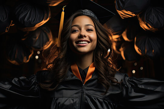 beautiful,olive skin, all ethnically different friends, a 12th grade senior in gradutation cap and gown.