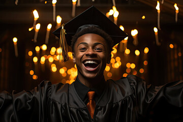 Obraz premium boy, beautiful dark skinned teenager, a 12th grade senior in gradutation cap and gown.genearative ai